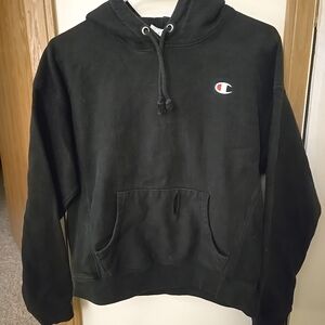 Champion Men's Cozy Black Lightly Distressed Long Sleeve Hooded Sweatshirt VG+!